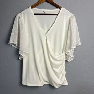 Cato XL White Surplice Blouse Wrapped Swiss Dot‎ Flutter Sleeve Ruched Top Fairy